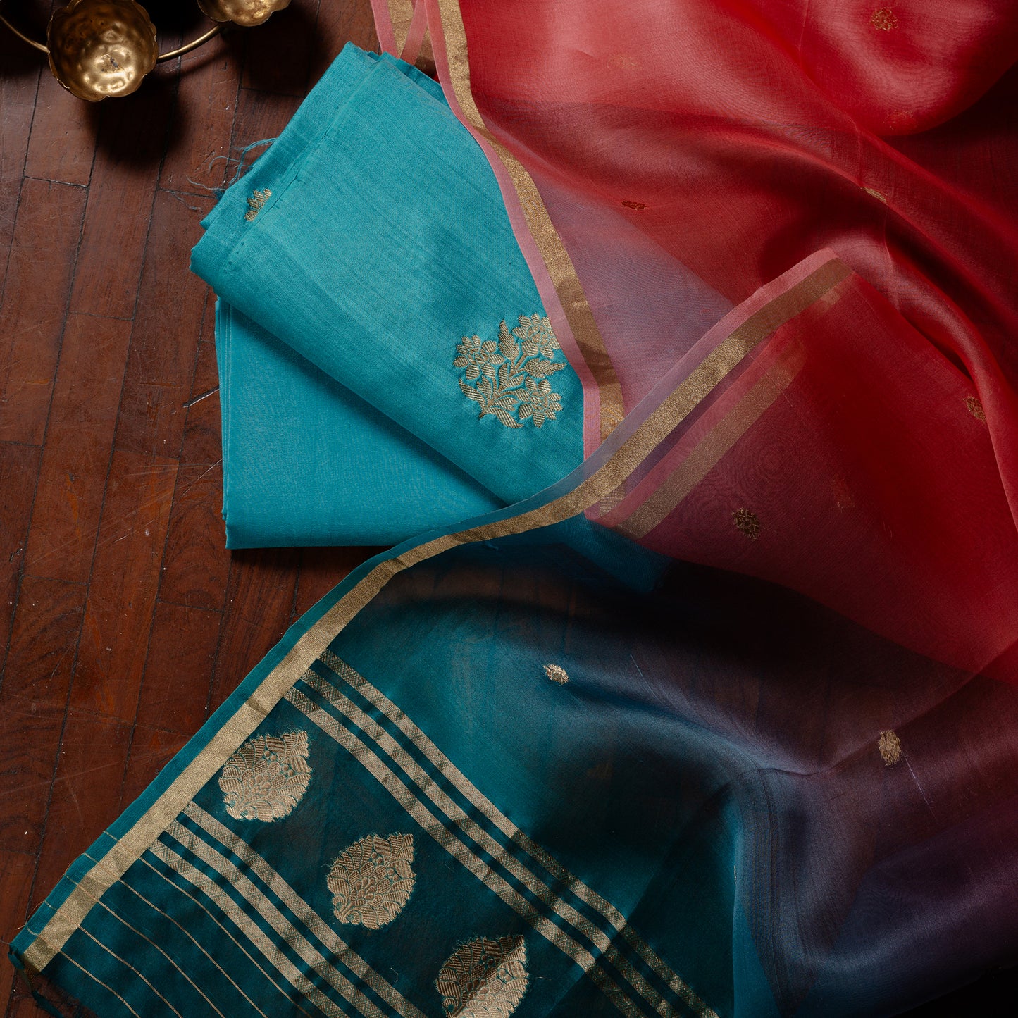 Blue Pure Chiniya Katan silk Kadhwa Booti kurta, kora silk dupatta, plain bottom