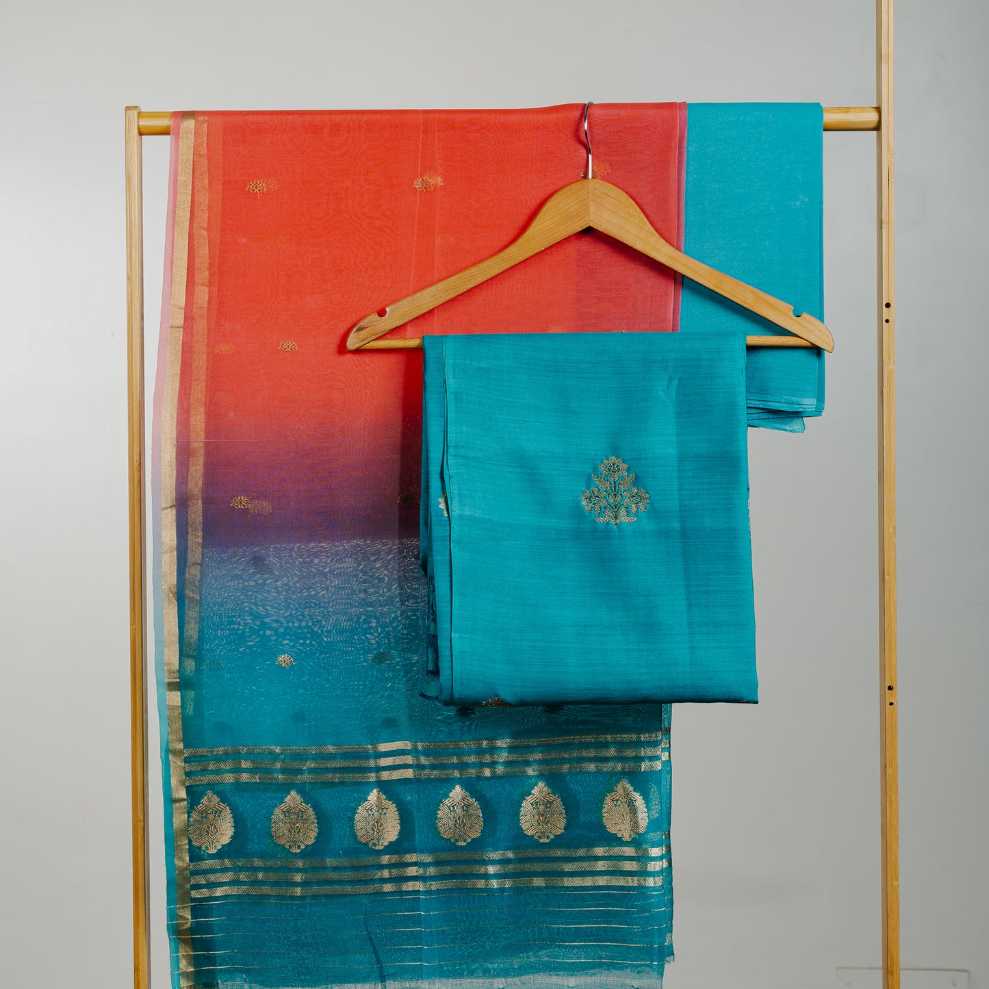 Blue Pure Chiniya Katan silk Kadhwa Booti kurta, kora silk dupatta, plain bottom