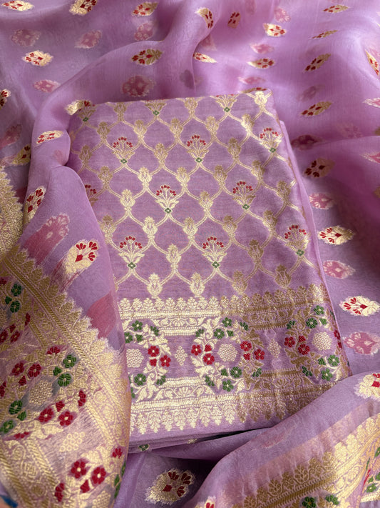 Lavender moonga silk kadhwa Kurta, kora silk dupatta, plain crepe bottom