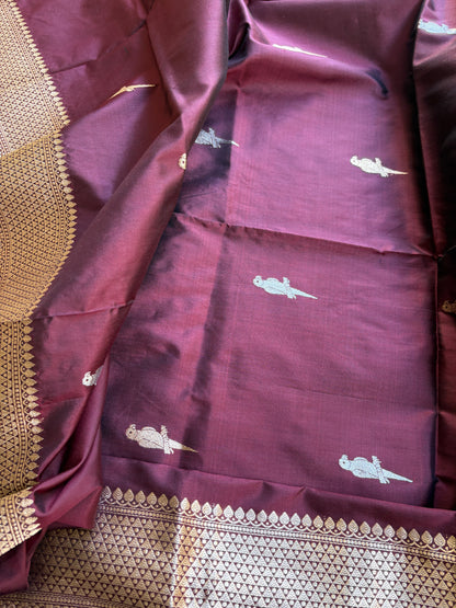 Wine katan by katan silk kadhwa suit set