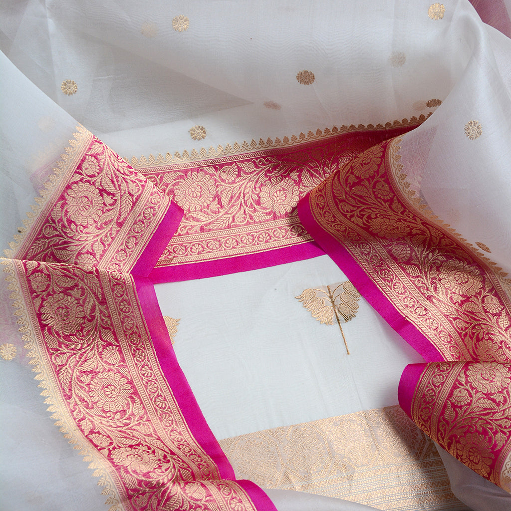 White kora suit with chap dye dupatta