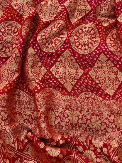 Red raw silk suit with bandhani dupatta