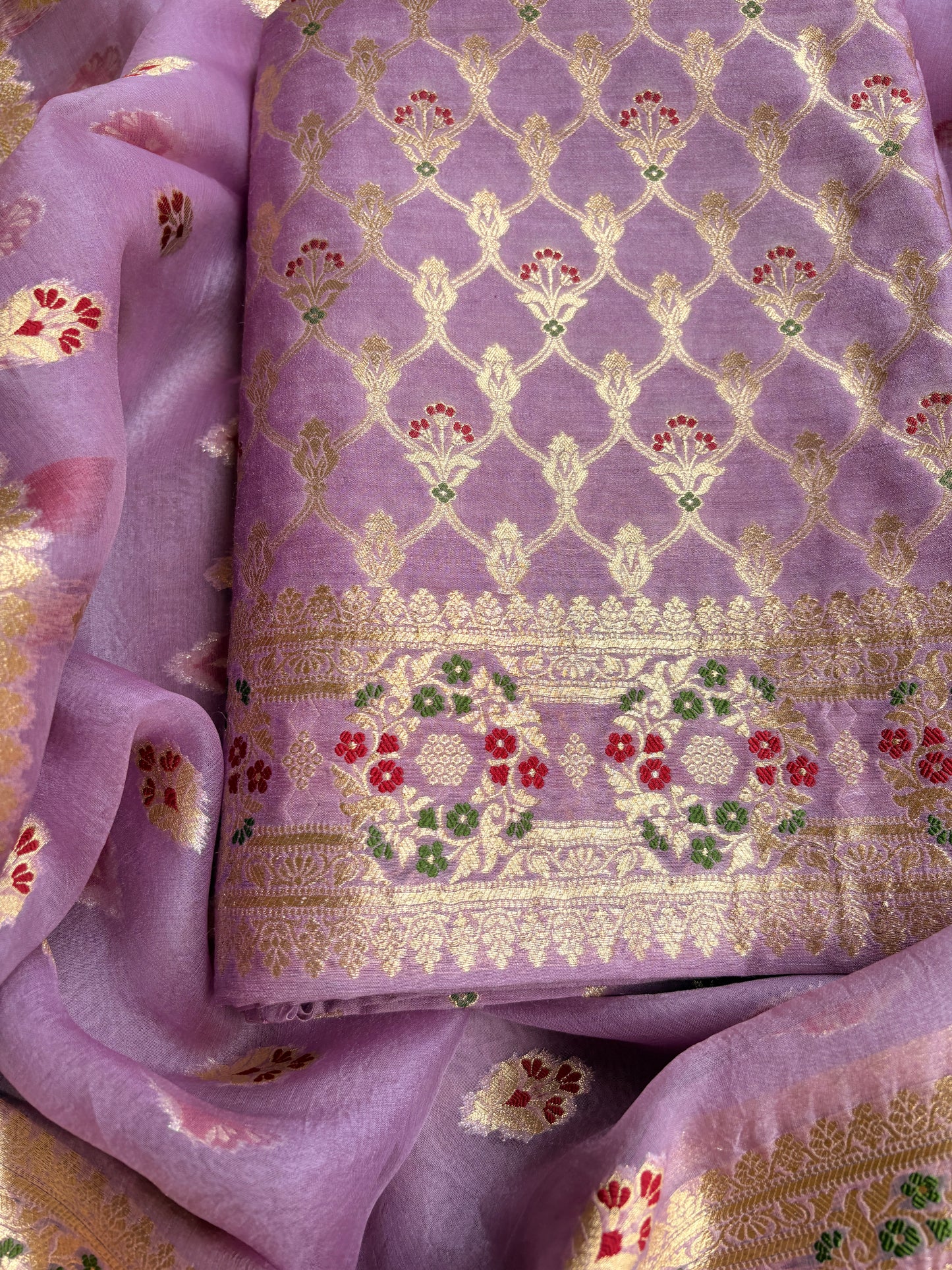 Lavender moonga silk kadhwa Kurta, kora silk dupatta, plain crepe bottom