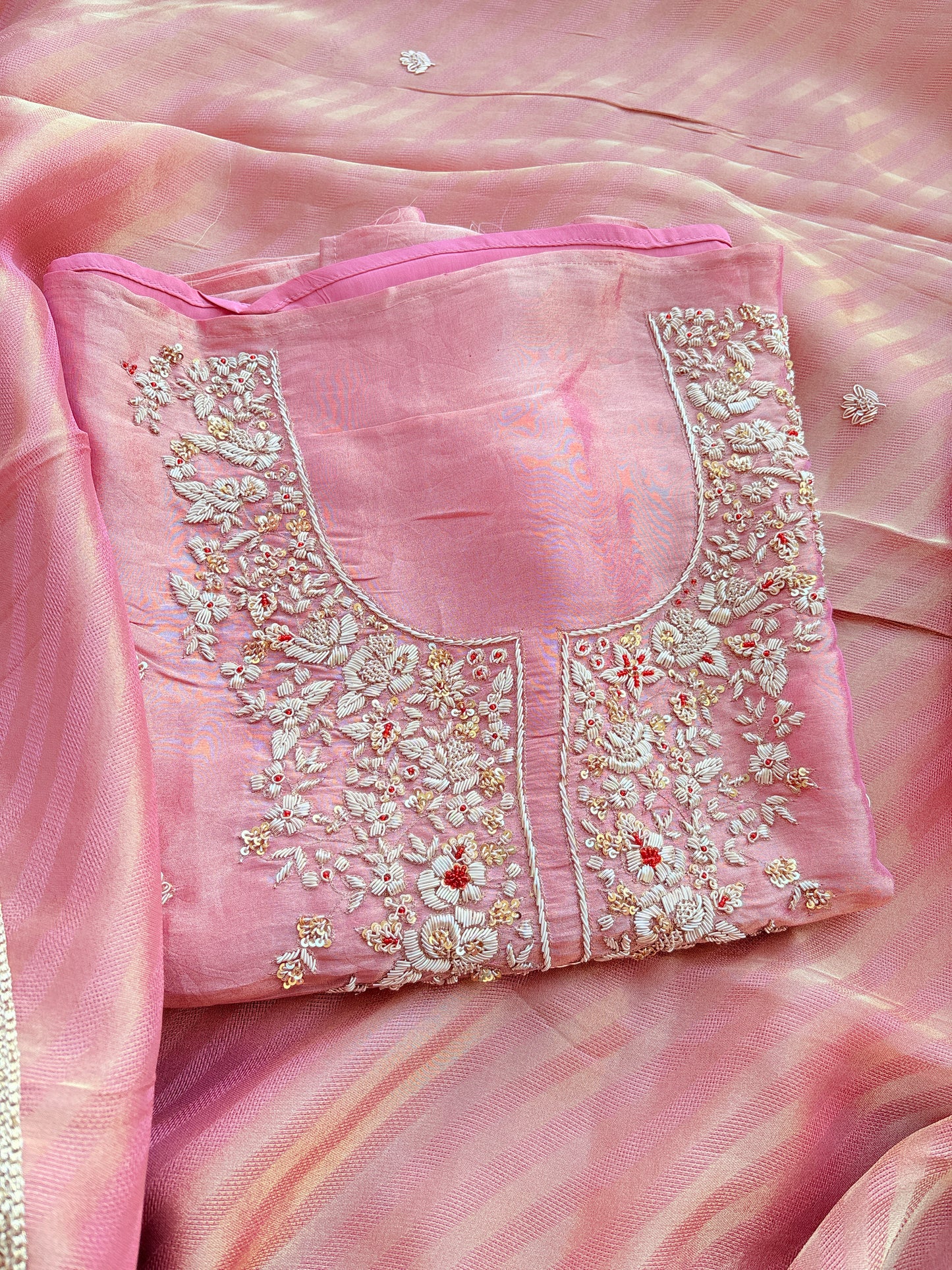 Pink tissue silk hand embroidery suit set