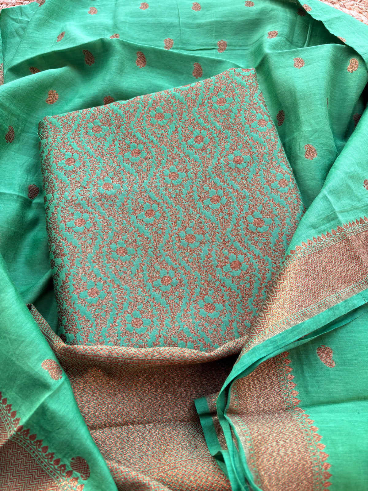 Green cotton silk brocade suit set