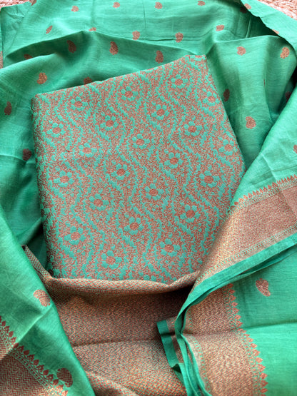 Green cotton silk brocade suit set