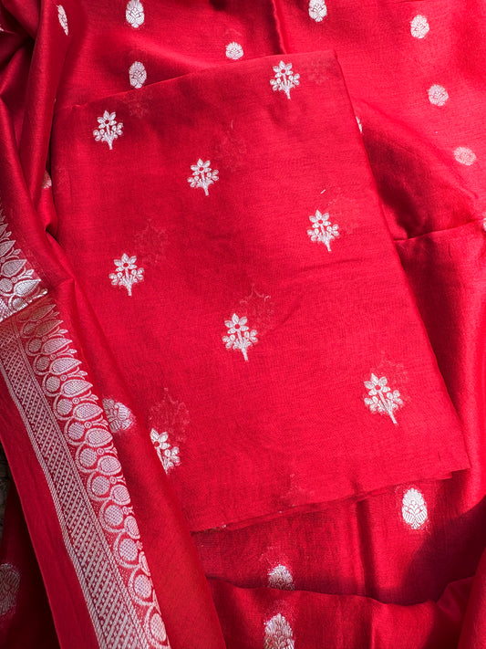 Red Chanderi silk 3 piece suit set
