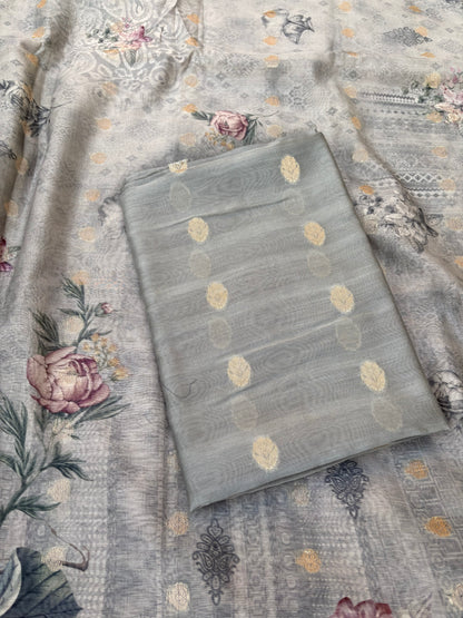 Grey mul Chanderi silk 3 piece suit set
