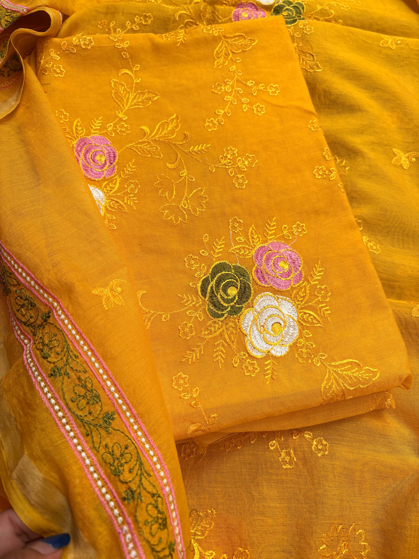 Yellow cotton embroidered suit set