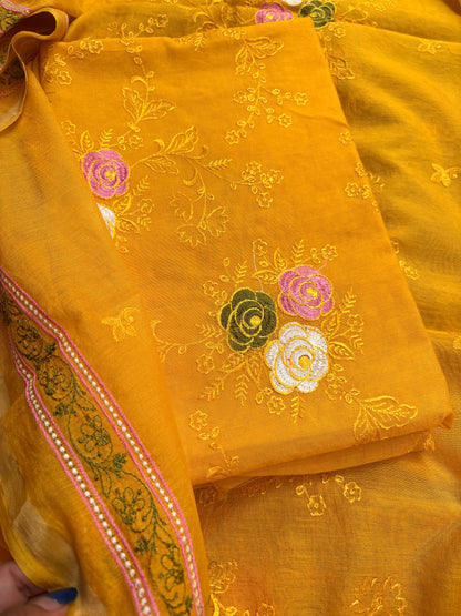Yellow cotton embroidered suit set