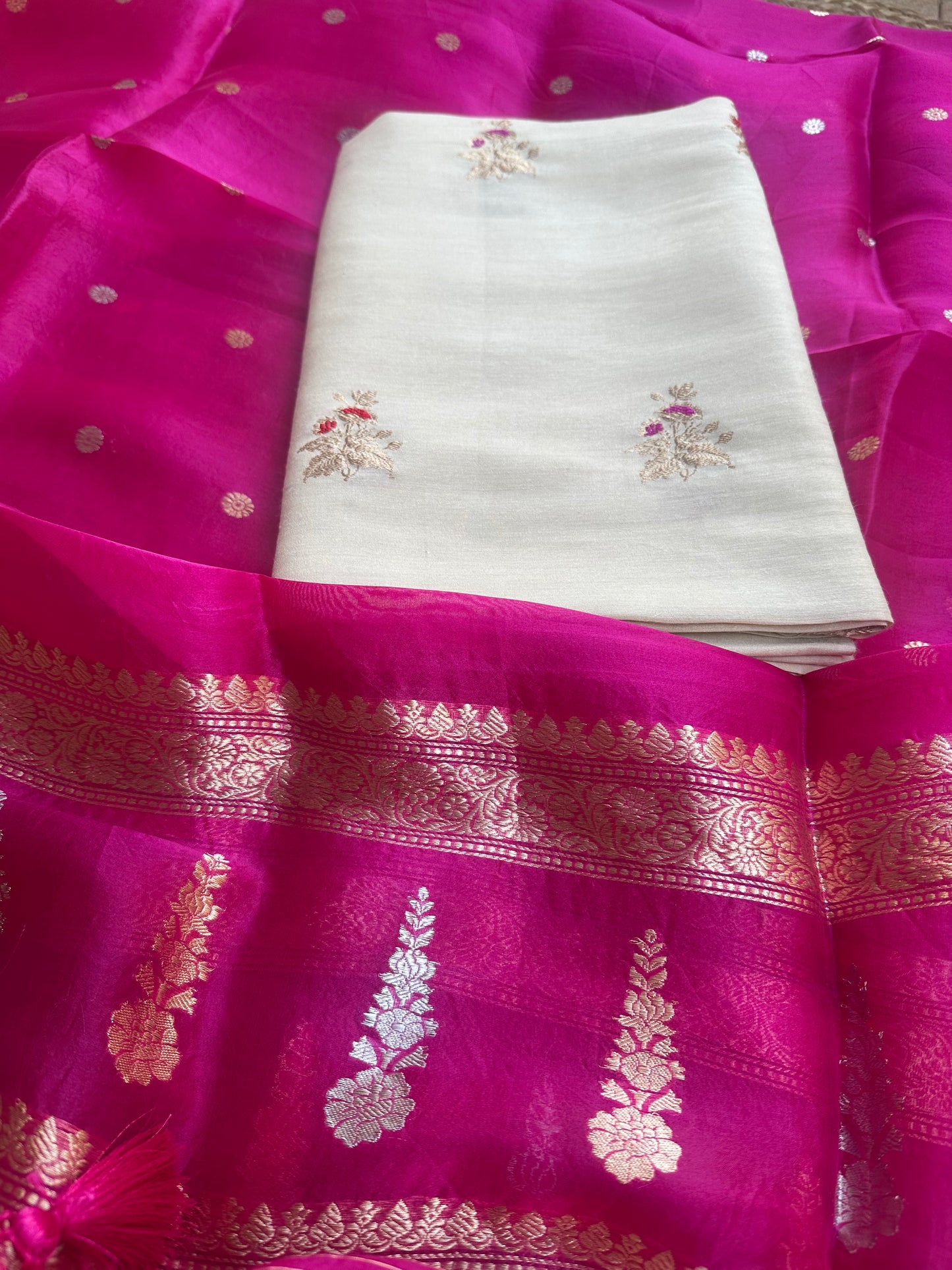 Cream moonga silk kurta, bottom and kora silk dupatta