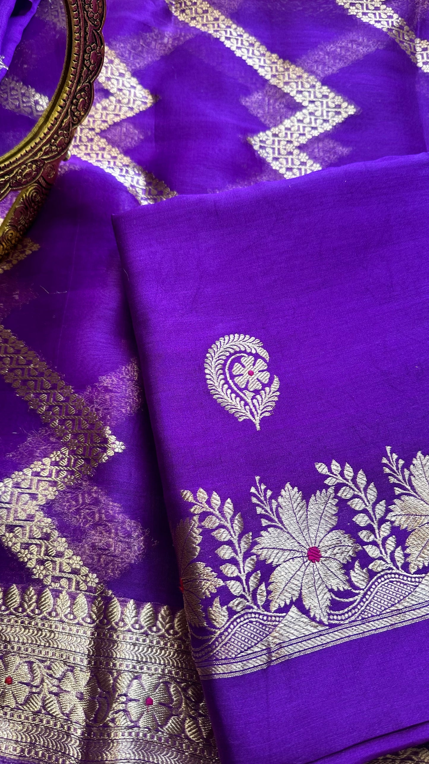 Purple chiniya meenadar suit set, kora silk dupatta, plain silk bottom.