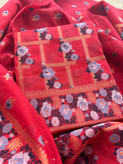Red check design Chanderi suit set