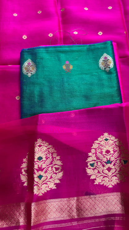 Green raw silk meendar kurta, rani dupatta, raw silk bottom