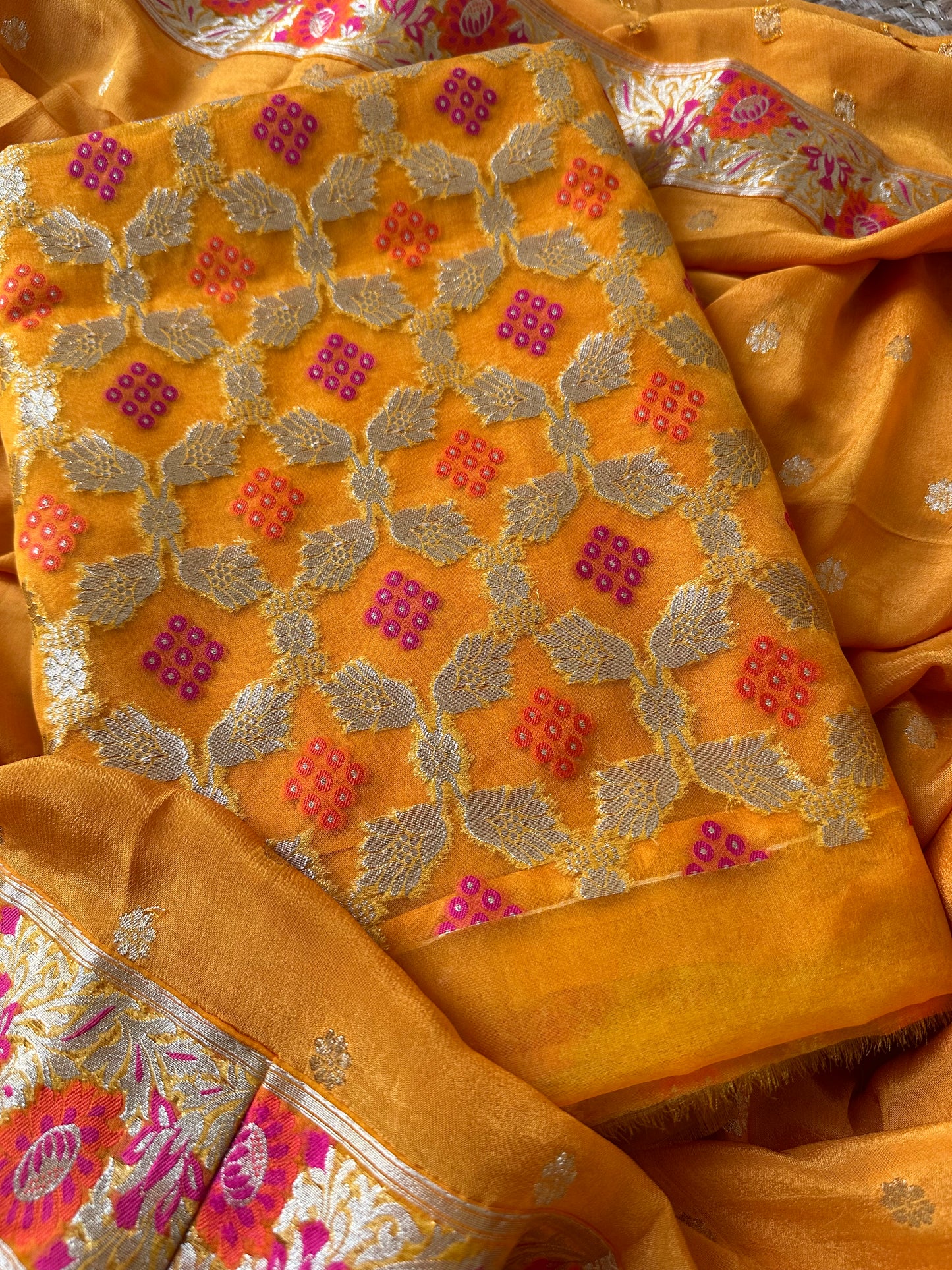 Orange mustard meendar organza kurta, chiffon dupatta and plain bottom