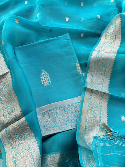 Blue Chiniya Kora silk silver zari suit set