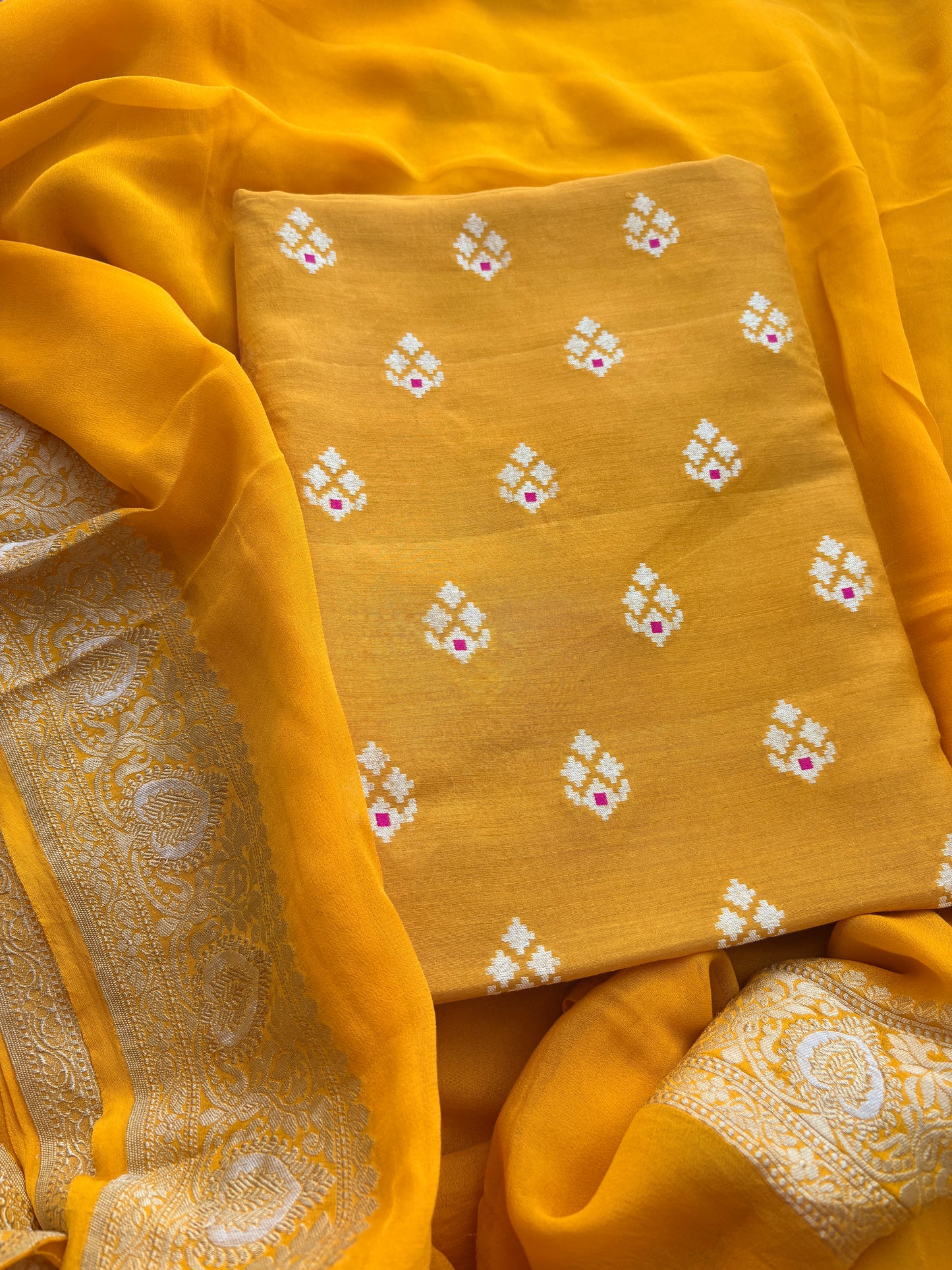 Yellow moonga silk suit with  Khaddi chiffon dupatta