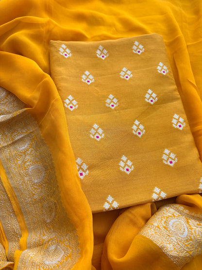 Yellow moonga silk suit with  Khaddi chiffon dupatta