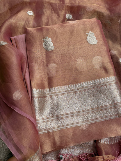 Pink tissue suit set with two sided border dupatta