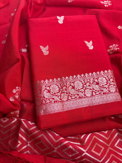 Red Chiniya silk 3 piece bird motif suit set