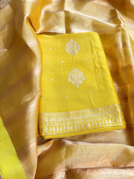 Lime yellow moonga silk kurta, bottom and tissue kadhwa dupatta
