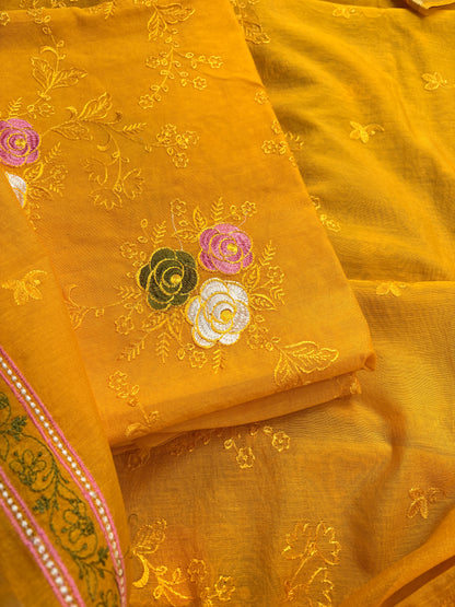 Yellow cotton embroidered suit set