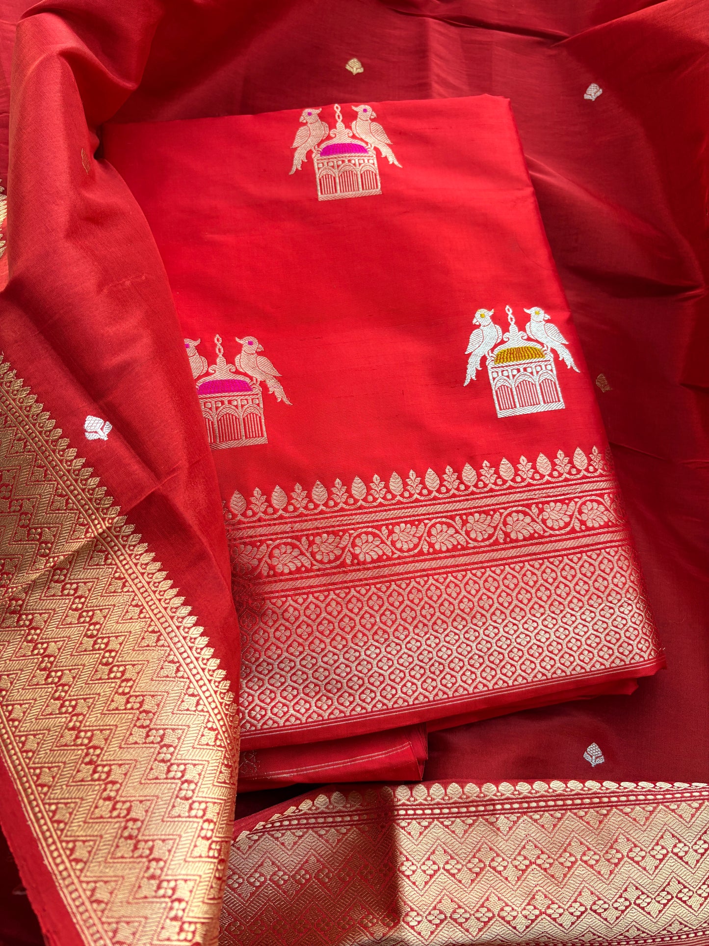 Red katan by katan silk kadhwa suit with tissue dupatta