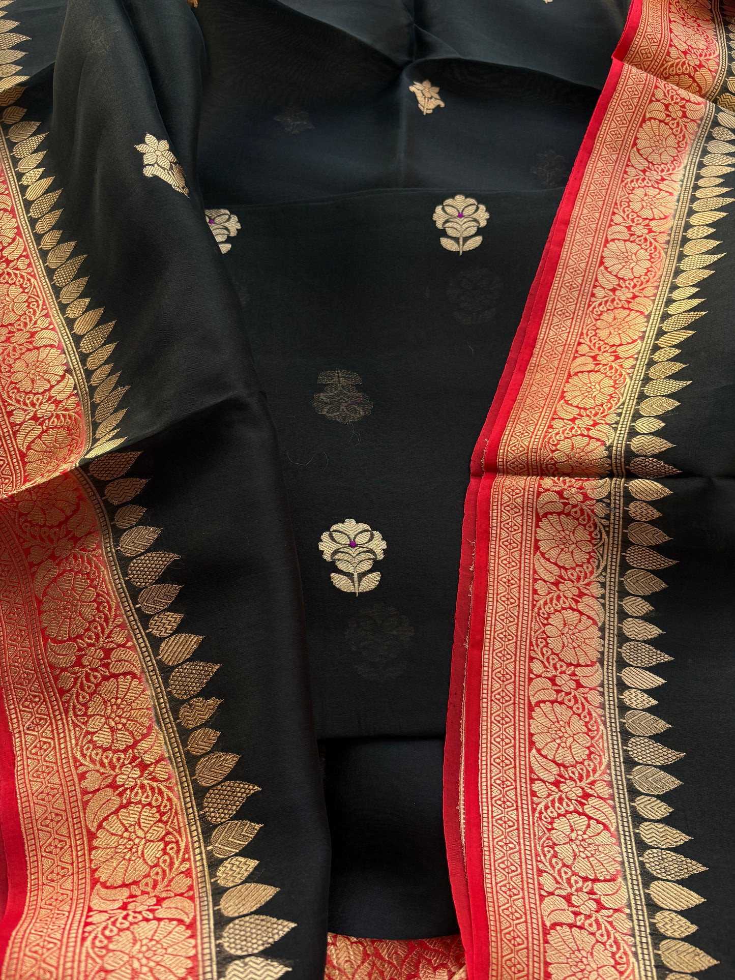 Black Kora silk with red shaded dupatta
