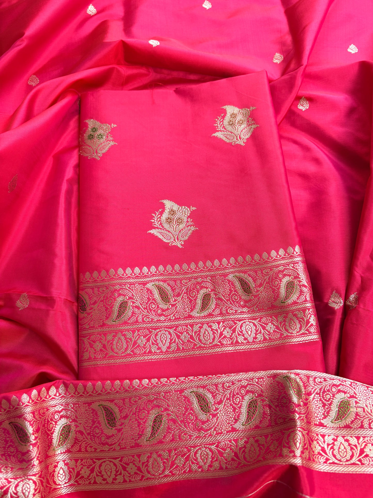 Red pink dhoop chau Meenakari katan silk suit set
