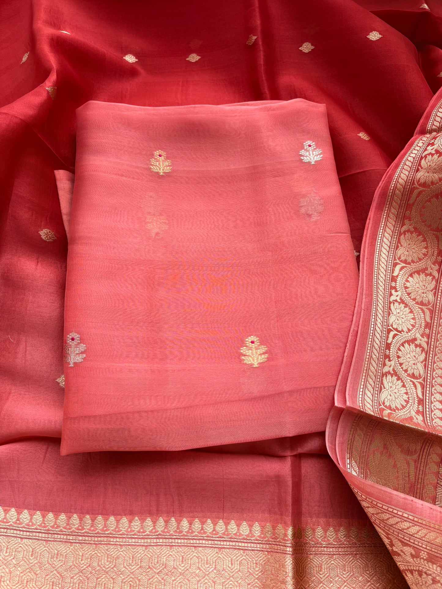 Peach kora silk shaded dupatta suit set