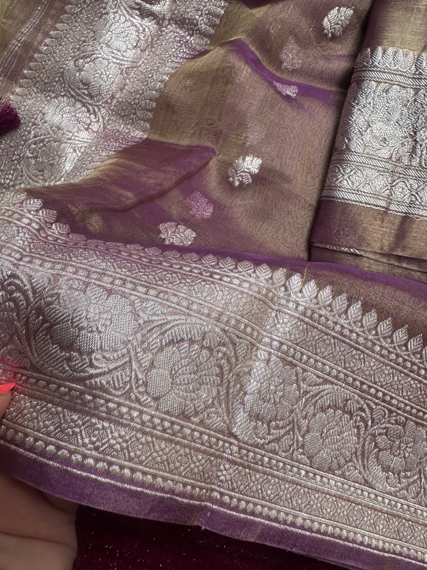 Magenta pure silver zari kadhwa tissue suit set
