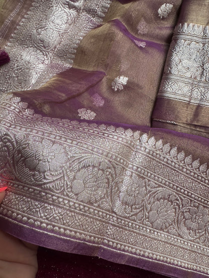 Magenta pure silver zari kadhwa tissue suit set