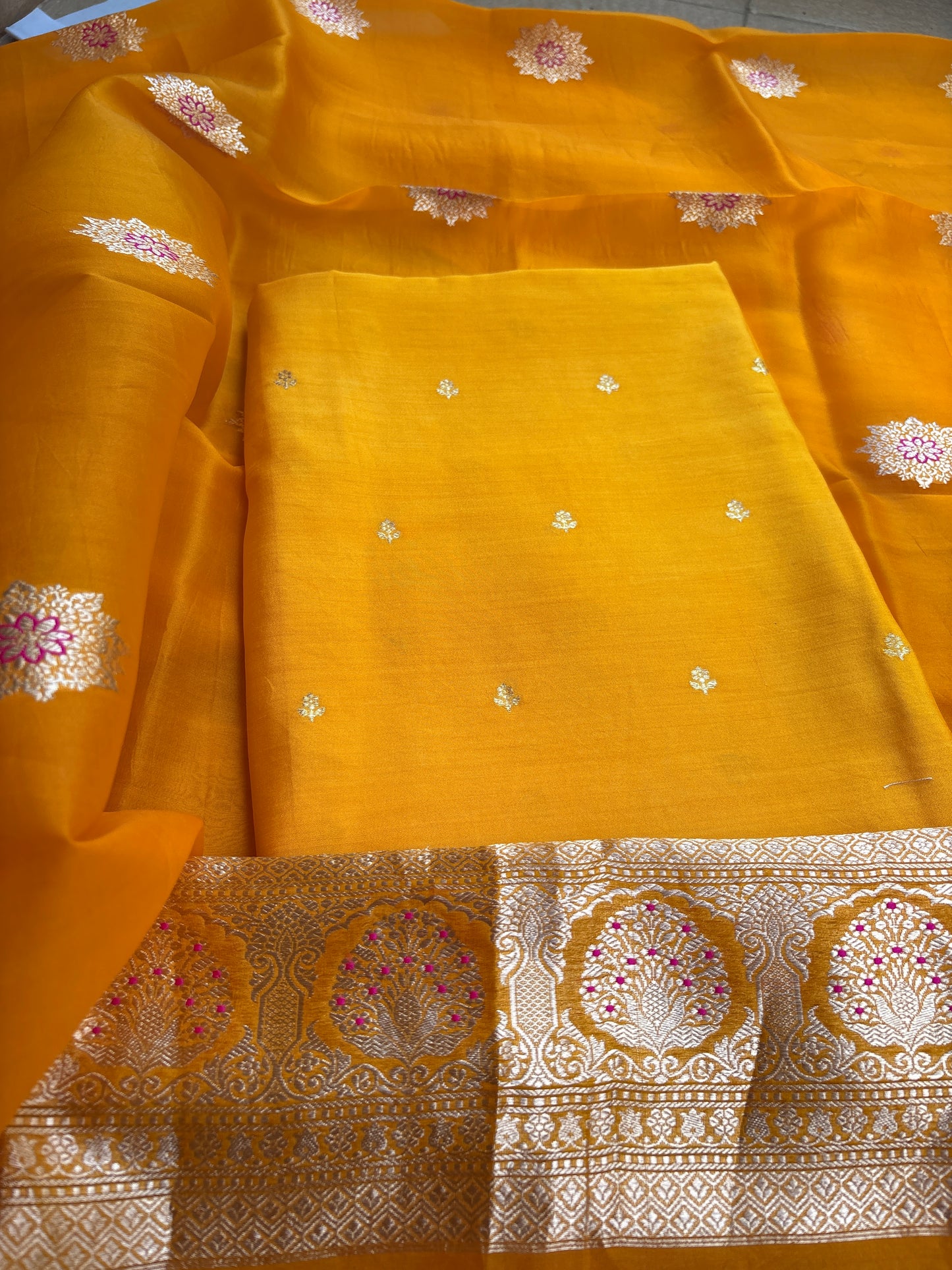 Yellow Chiniya silk kurta , bottom and kora silk dupatta