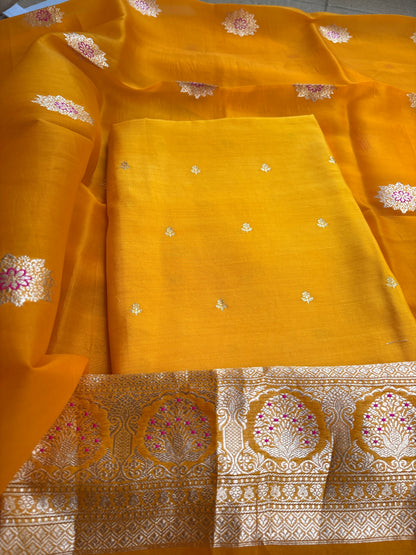 Yellow Chiniya silk kurta , bottom and kora silk dupatta