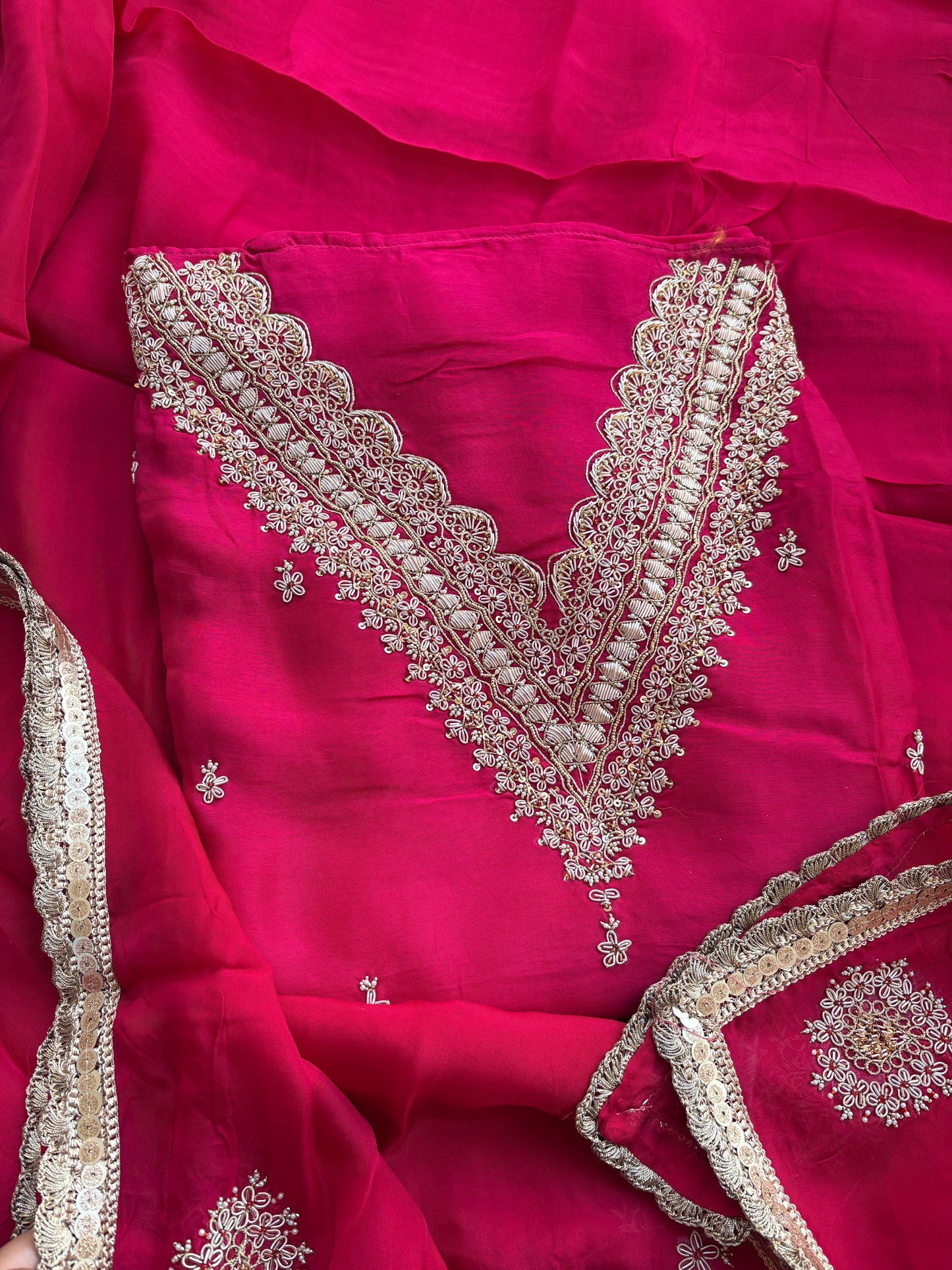 Pink hand embroidered crepe suit