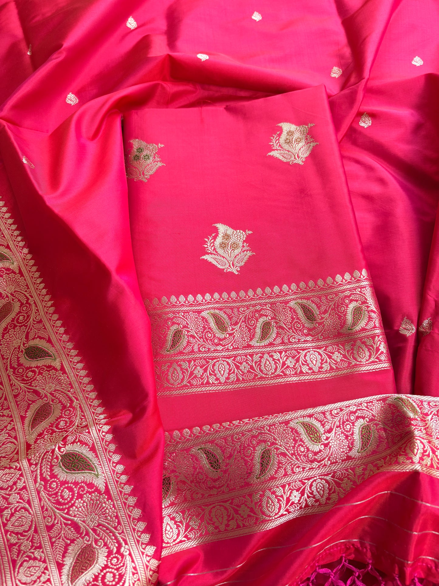 Red pink dhoop chau Meenakari katan silk suit set