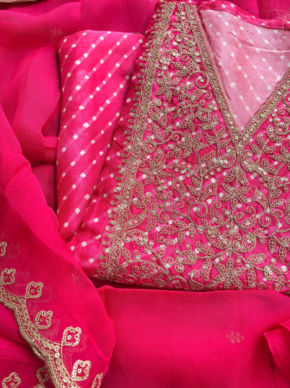 Pink hand embroidered bandhani suit set