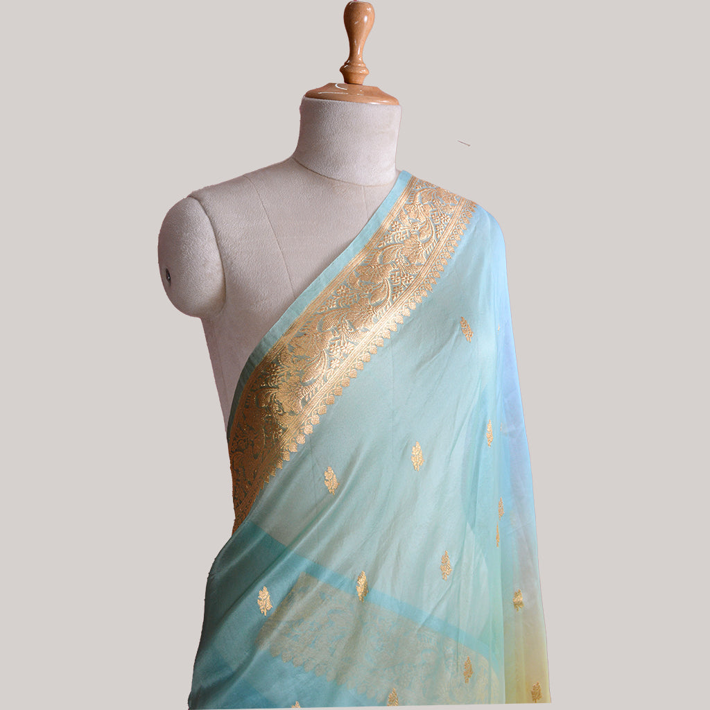 Blue kora silk saree with shaded dye