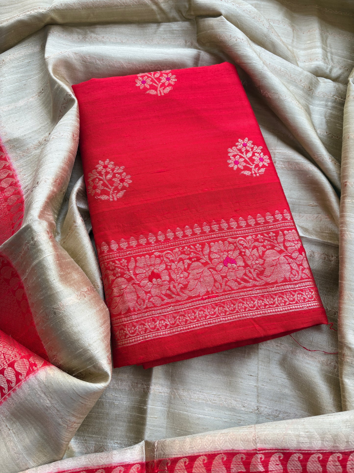 Red raw silk suit with chap dyed raw silk dupatta