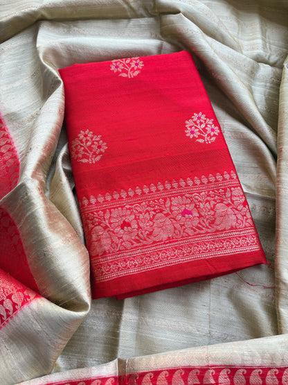 Red raw silk suit with chap dyed raw silk dupatta