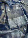 Blue pure silver zari kadhwa tissue 3 piece suit