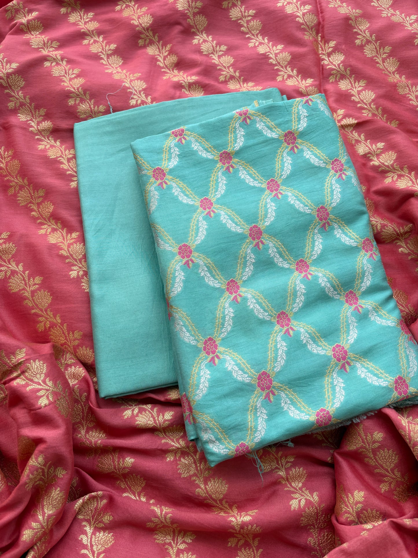Blue and peach Chiniya silk suit set