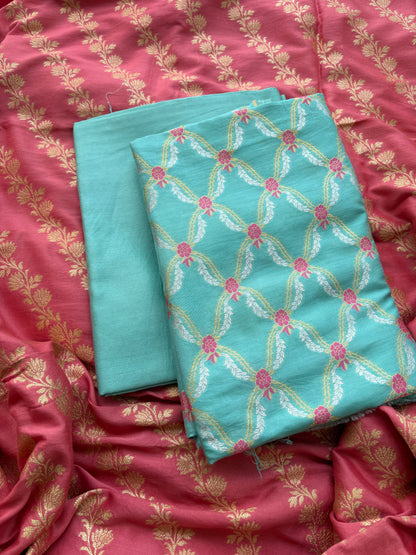 Blue and peach Chiniya silk suit set