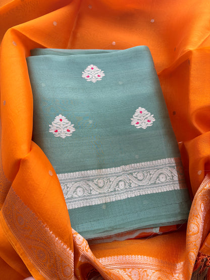 Green mustard kora kadhwa silk suit set