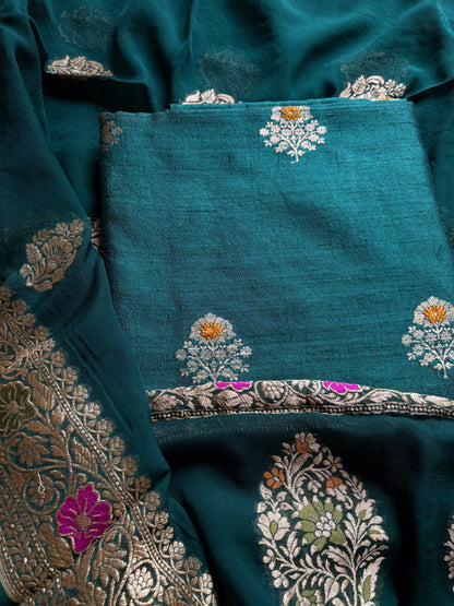 Green raw silk meenadar Kurta, bottom , Khaddi georgette dupatta