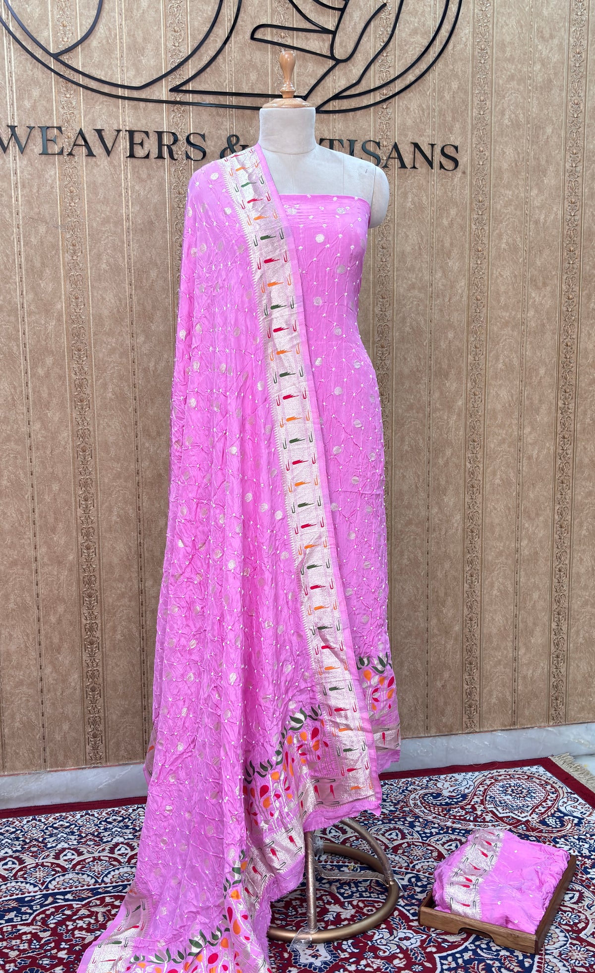 Pink bandhani suit with paithani border