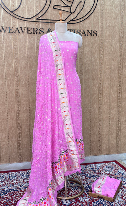 Pink bandhani suit with paithani border