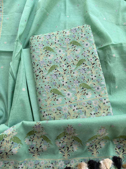 Green Chanderi bird weaving suit set