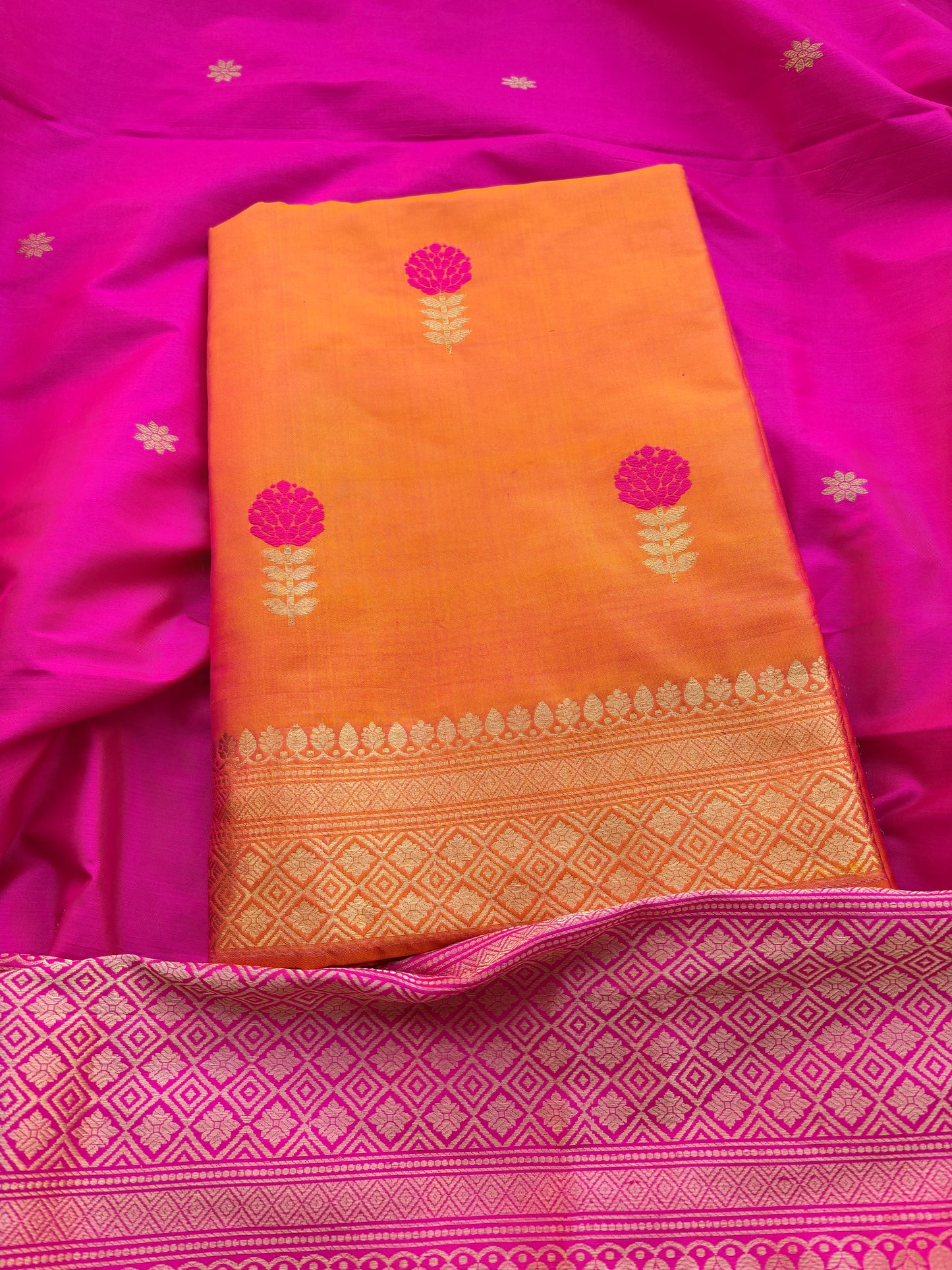 Yellow katan by katan silk suit with rani dupatta