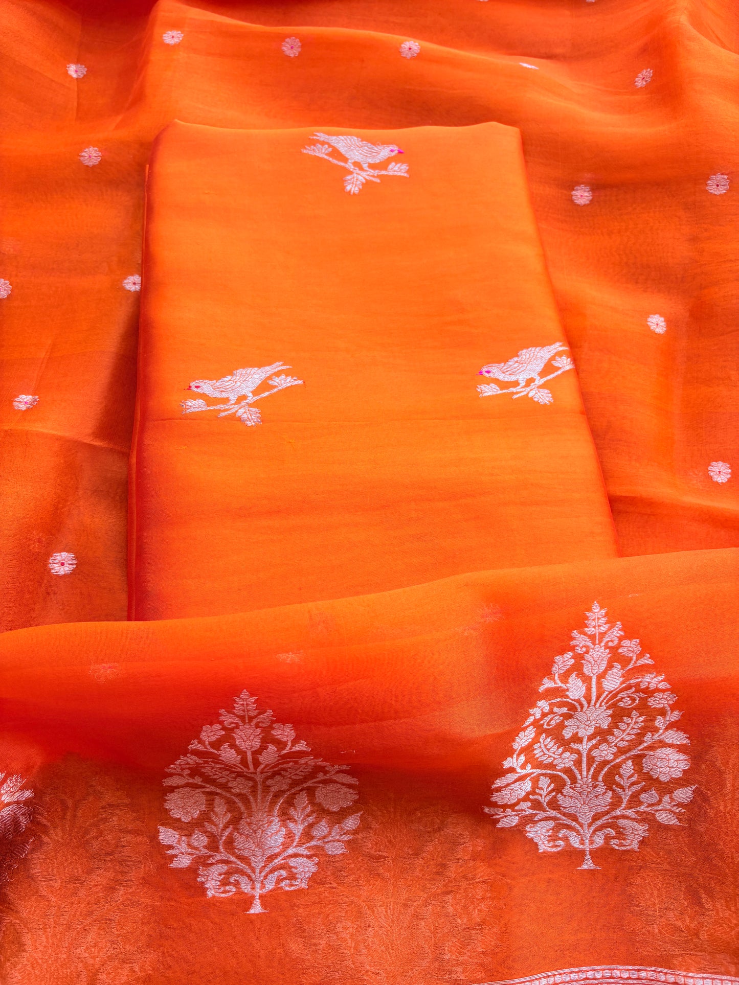 Orange mango silk kadhwa , kora silk suit set